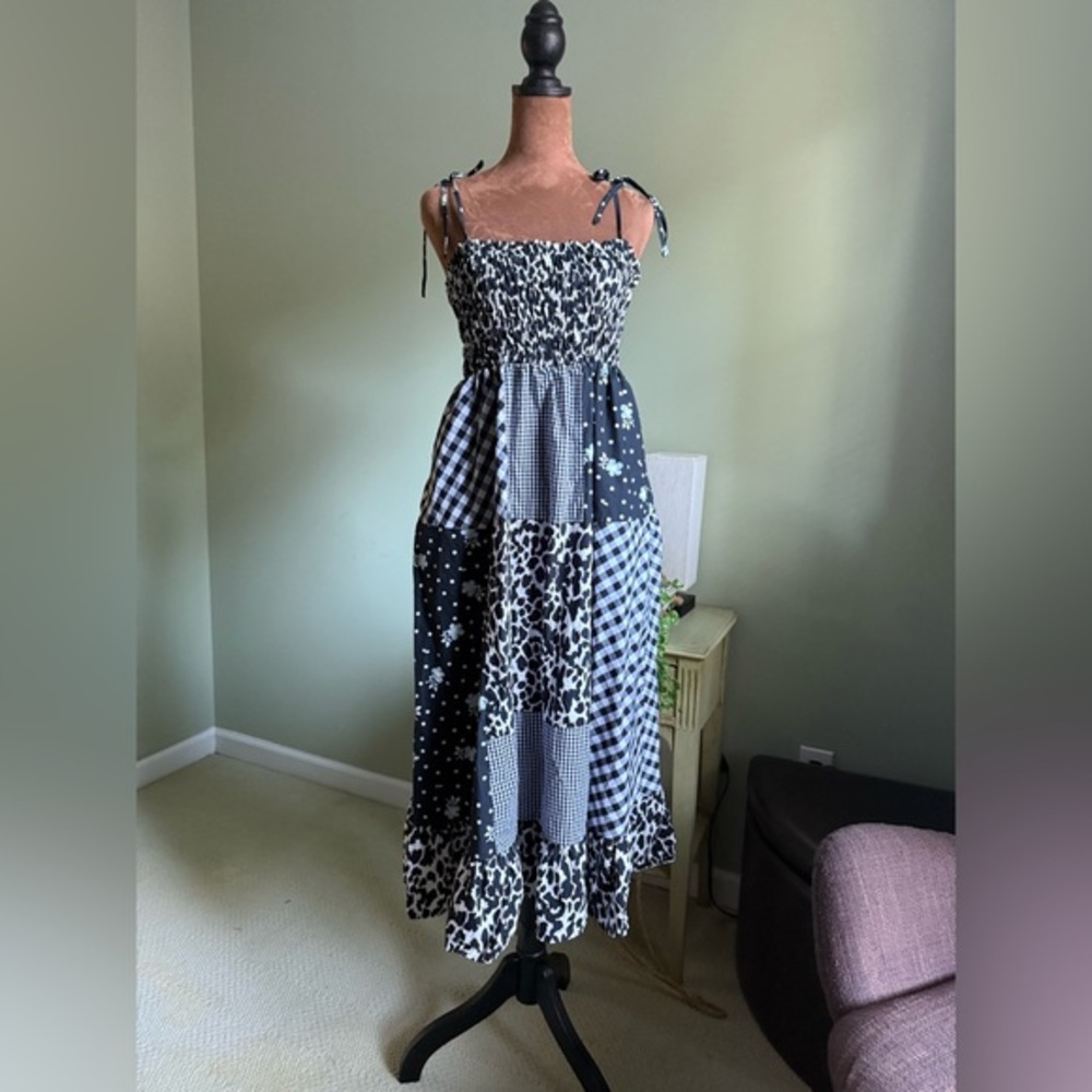 Black and White Multi Pattern Cotton Smocked Midi Dress with tying straps
